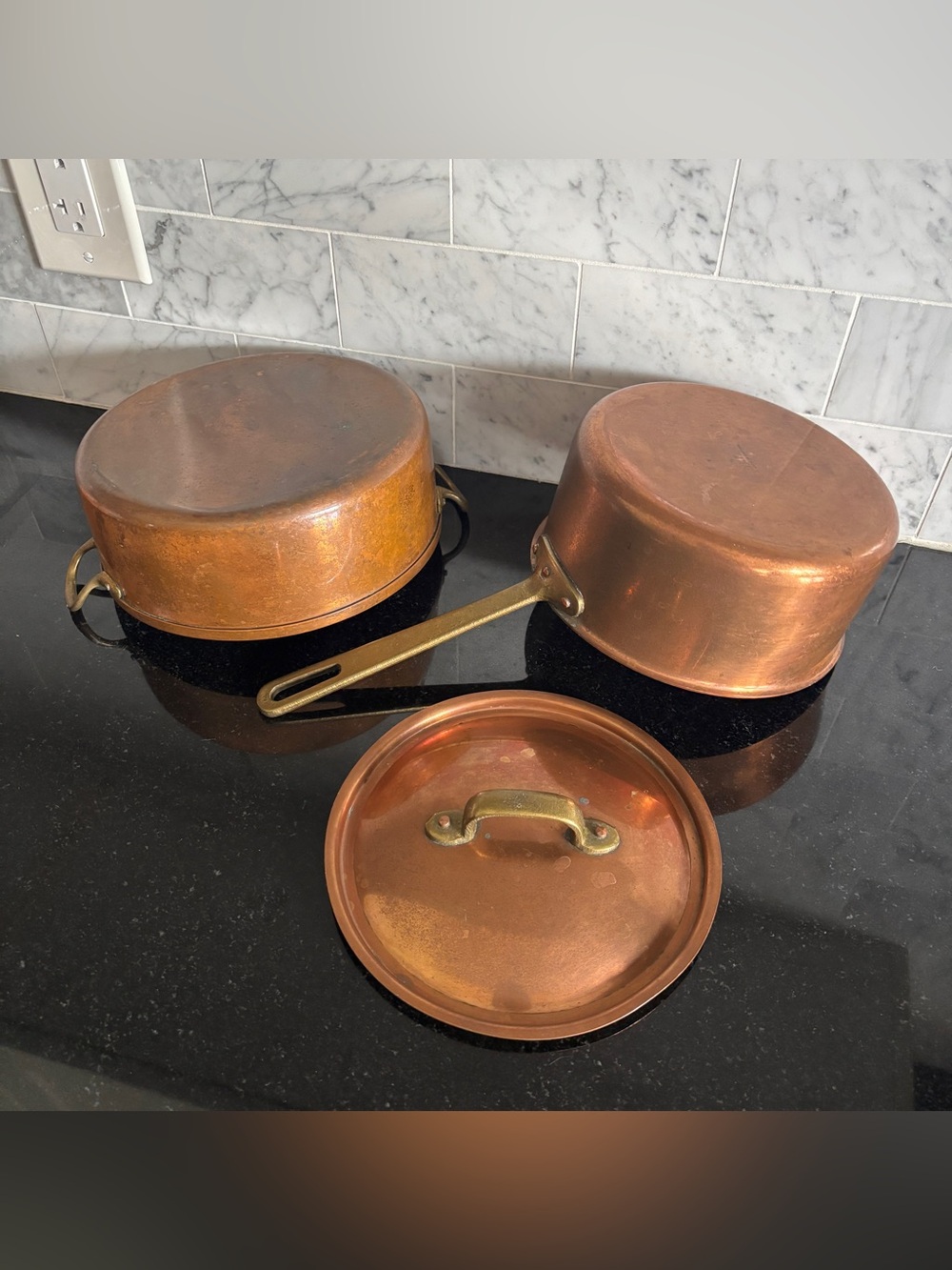 Vintage Pair of Copper and Brass Pots, Tagus Portugal Cookware, Rustic Farmhouse
